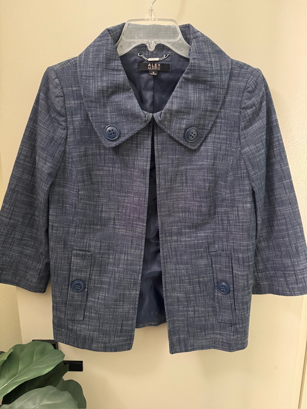 Vintage Vibe Navy Textured Button Jacket Jackie O Collar Size 6